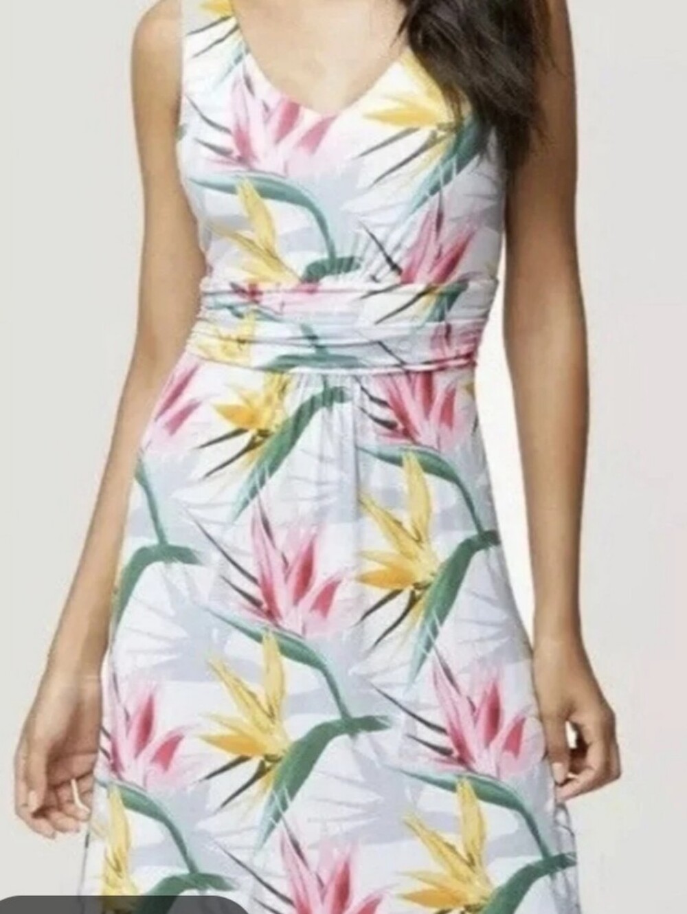 Tommy Bahama Womens Sz L Tropical Floral V-Neck fit and flare Dress Jersey EUC